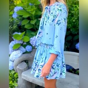 Cartolina Emelia Mini Dress Size XL Light Blue Floral Ruffle Smocked Waist NWT